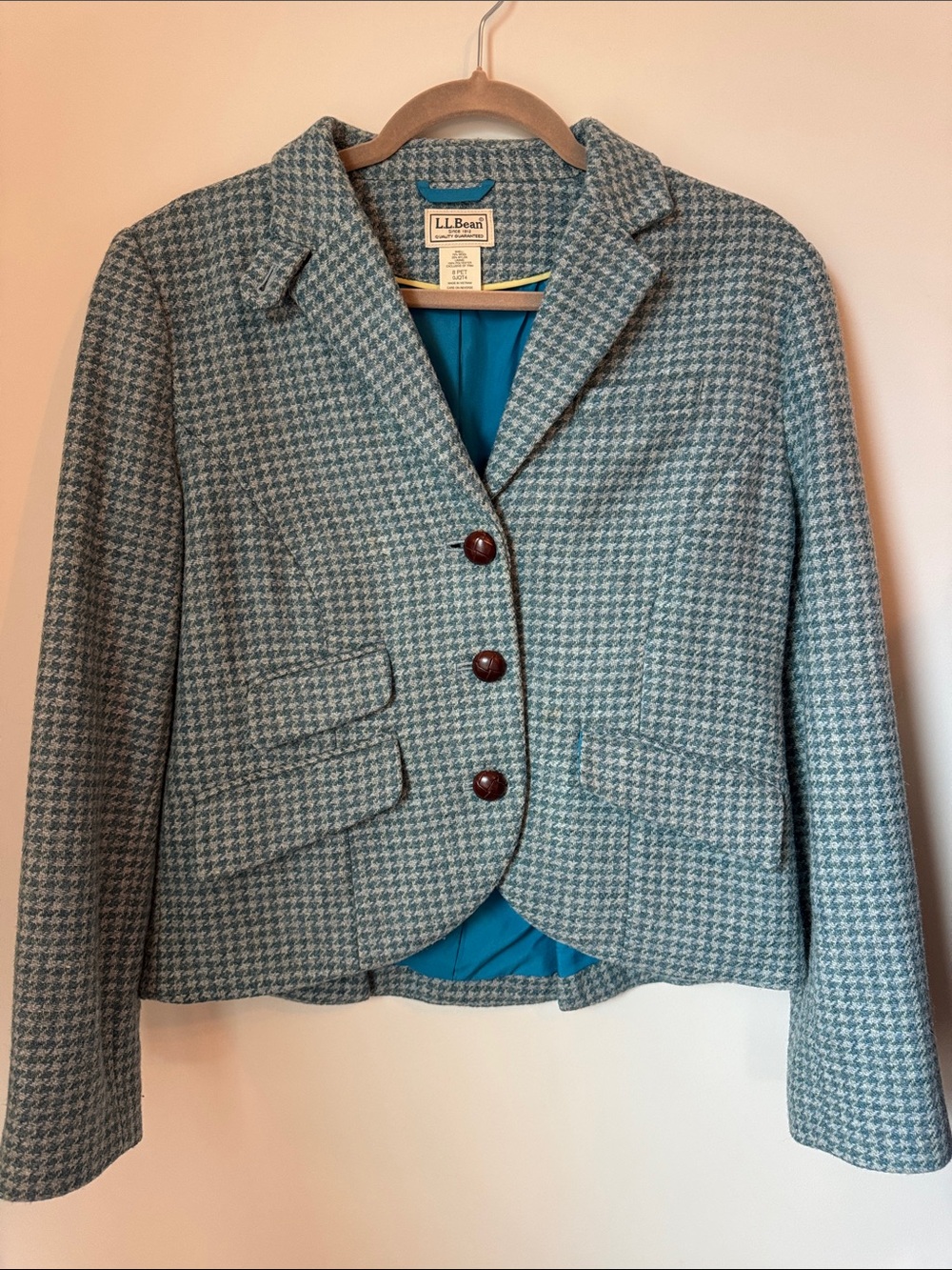 L.L. Bean Teal Houndstooth Wool-Blend Blazer with Wood Buttons
